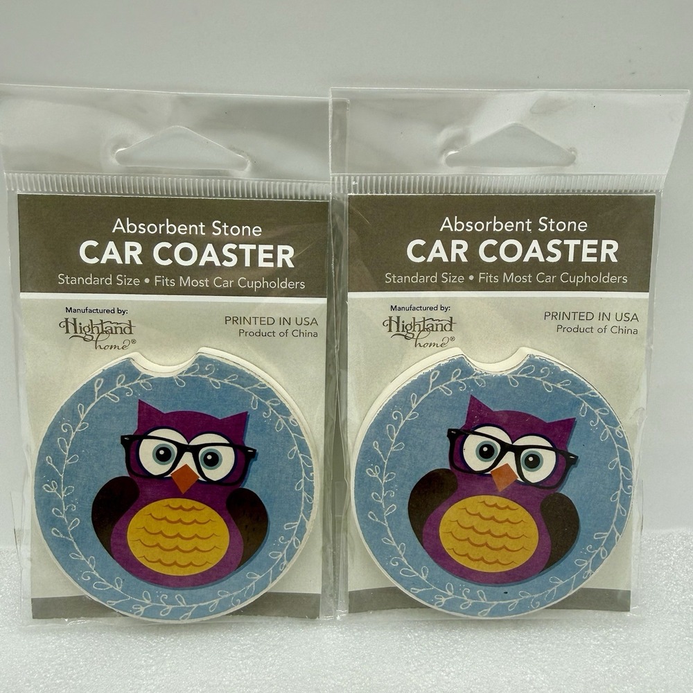Highland Home Absorbent Stone Car Coaster Purple Owl Glasses Lot Of 2